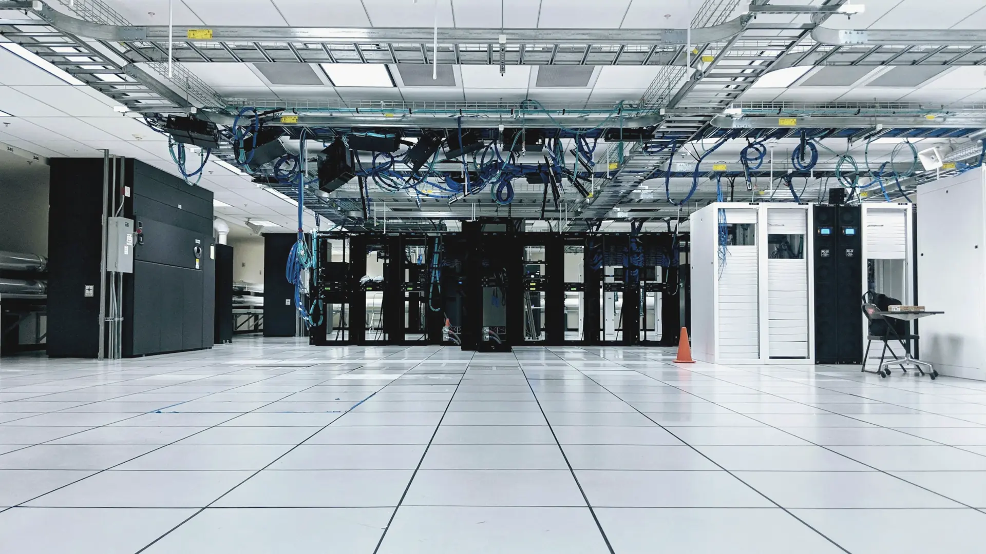 Server cabinets in a bright data centre